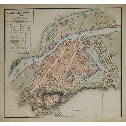 Stadtansicht von Landshut aus der Vogelperspektive, 1805. Zeichnung, aquarelliert. Papier, auf Leinwand gezogen. 40,5 x 43 cm. Alterungsspuren.