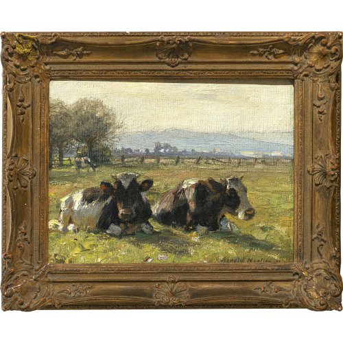 Moeller, Arnold. Rastende Kühe auf der Weide. Öl/Karton. 25 x 33 cm. Sign.