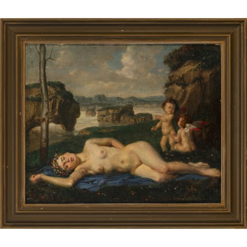 Baierl, Theodor. Liegendes nacktes Mädchen mit Blütenkranz, daneben zwei spielende Putten. ÖL/Karton. 30 x 37 cm. Sign.