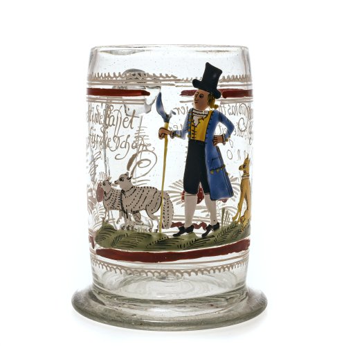 Walzenkrug mit Schäfer. Mitteldeutsch. Farbloses Glas, farbiger Emaildekor mit Bauernmotiv. H. 14 cm.