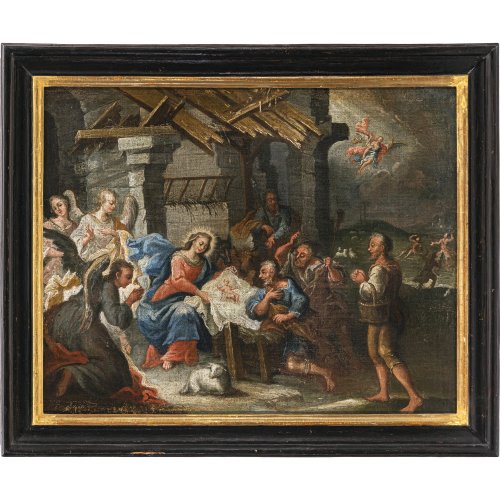 Süddeutsch, 18. Jh. Anbetung des Kindes. Öl/Lw. 64 x 81,5 cm. Rest., unsign.