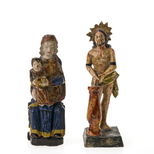 Geißelungschristus und Gottesmutter mit Kind. Oberammergau. Holz, Farbfassung. H. 13-14 cm.