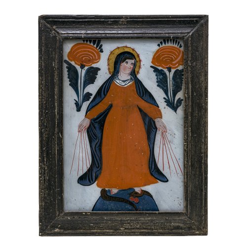 Hinterglasbild. Sandl oder Buchers. Maria Immaculata. 24,5 x 17 cm. Min. Farbabrieb.