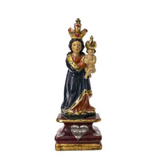 Pribramer Gnadenmadonna. Holz, übergangene Farbfassung. Best. H. 35 cm.