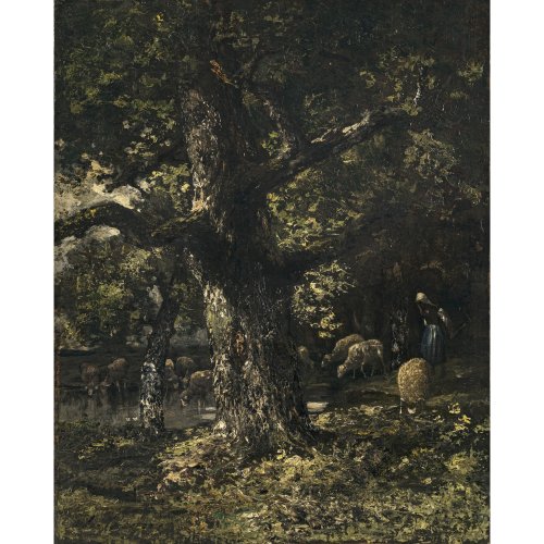 Diaz, de la Pena, Narcisse-Virgile. Hirtin im Wald von Fontainebleau mit Schafen. Öl/Lw. 51 x 40,5 cm. Restsign., rücks. Siegel.