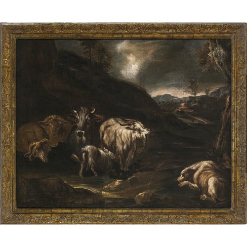 Roos, Philipp Peter, Umkreis. Landschaft mit Weidetieren. Öl/Lw. 70 x 90 cm. Rest., doubl. Unsign.