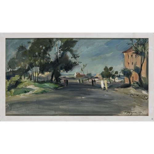 Högner, Franz. Straßenzug mit Passanten. Öl/Lw. 36 x 65 cm. Rest. Sign., dat. 45.