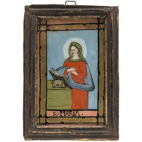 Hinterglasbild. Hl. Maria bei der Andacht. Seehausen. 19 x 12,5 cm. Farbabrieb.