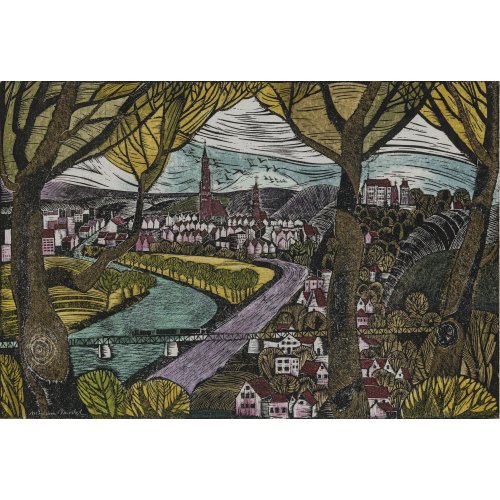 Reidel, Marlene. Blick vom Klausenberg auf das Panorama St. Martin, St. Jodok und Burg Trausnitz. Farbholzschnitt.  41 x 60,5 cm. Sign.