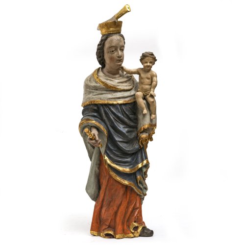 Wallfahrtsmadonna von Neukirchen b. Hl. Blut. Holz, übergangene Farb- und Goldfassung. Min. best. H. 87 cm.