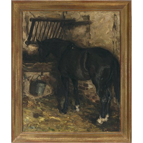 Kaehler, U. Süddeutsch, 20. Jh. Pferd im Stall. Öl/Lw. 80 x 66 cm. Sign., dat. 1911.