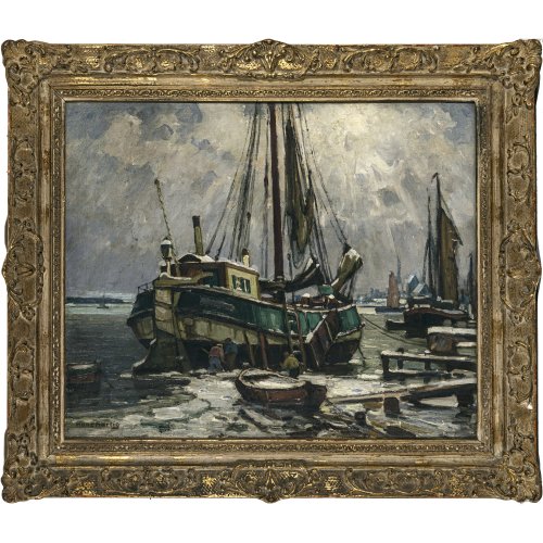 Hartig, Hans. Hafen mit Kutter im Winter. Öl/Karton. 44 x 54,5 cm. Sign.