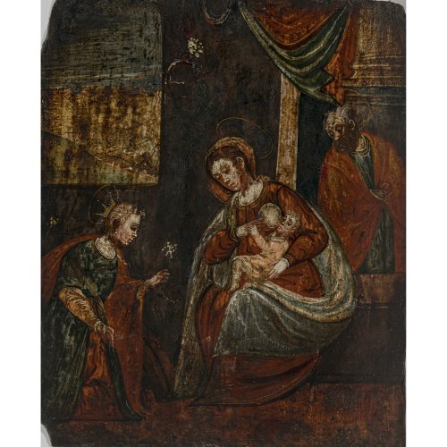 Italienischer Meister, Nachahmer. Heilige Familie. Darstellung der Maria Lactans und der Mystischen Vermählung der Hl. Katharina von Alexandrien mit Jesus. Öl/Holz. 45 x 37 cm. Stark best. und berieben.