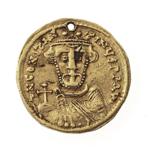 Solidus - Goldmünze, Byzanz, Kaiser Konstantin II. ø 2 cm. Gelocht.