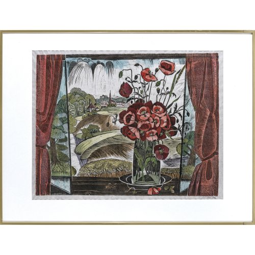 Reidel, Marlene. Mohnblumenstrauß vor einem Fenster. Farbholzschnitt.  Sign. 51 x 65 cm. Minim. welllig.