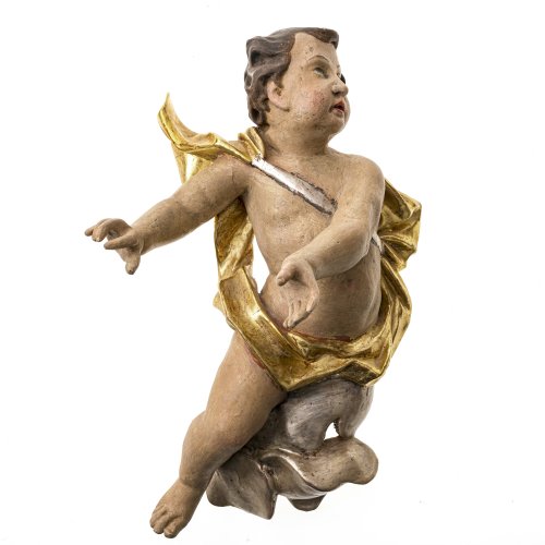 Putto auf Wolke. Süddt., 19. Jh. Holz, übergangene Farb- und Goldfassung. H. 40 cm.  Alterungsspuren.