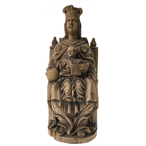 Thronende Muttergottes mit Jesuskind. Süddt. Holz, geschnitzt.  H. ca. 39,5 cm. Besch. und best, teilw. Finger fehlend.