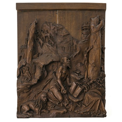 Relief. Bayern, 17./18. Jh. Hl. Hieronymus in der Klause. Holz. Best., rep.  Auf eine Holzplatte montiert. 46 x 42 cm.