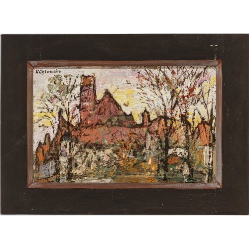 Kühlewein, Bernhard. Ansicht der Landshuter Heiliggeistkirche. Öl/Malkarton. Ca. 23,5 x 37 cm. Sign.