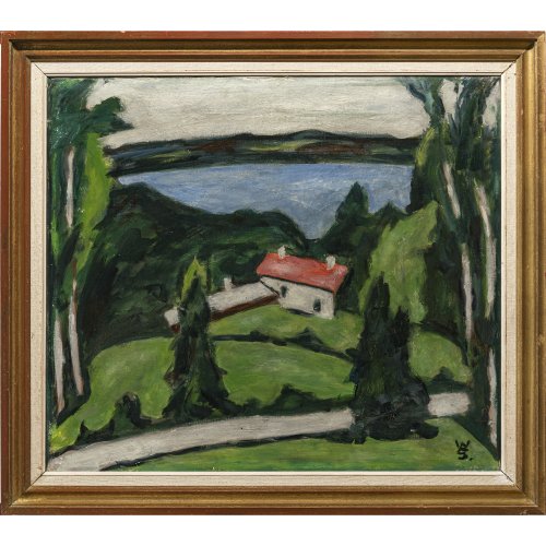 Monogr. W.S., Deutsch, 20. Jh. Sommerlandschaft mit Gehöft, im Hintergrund ein See. Öl/Lw. 60,5 x 70 cm. Leichte Alterungsspuren.