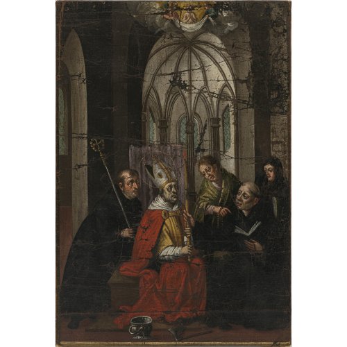 16. Jh. Darstellung des Hl. Wolfgang von Regensburg mit Kirchenattributen. Öl/Lw. 78 x 52 cm. Doubl., starke Alterungsspuren.