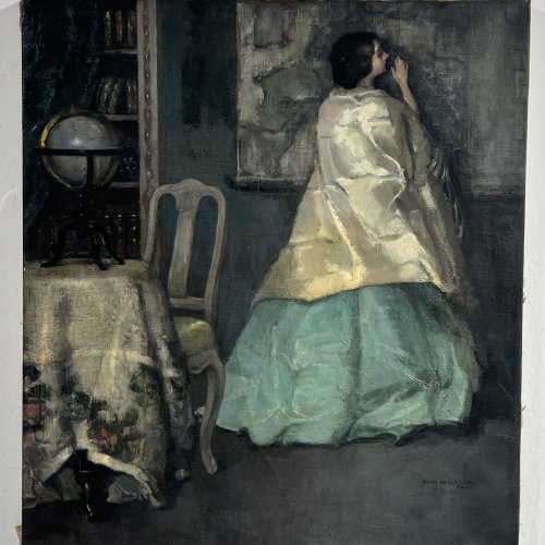 Borchardt, Hans. Mädchen mit langem Kleid in einem Zimmer. Öl/Lw. 52 x 46 cm. Sign., dat. 11.