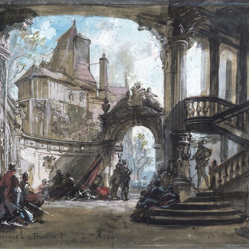 Frankreich, 19. Jh. Bühnenbild der Opera Comique, Paris. Gouache. 33 x 51 cm. Monogr., dat. 1881.