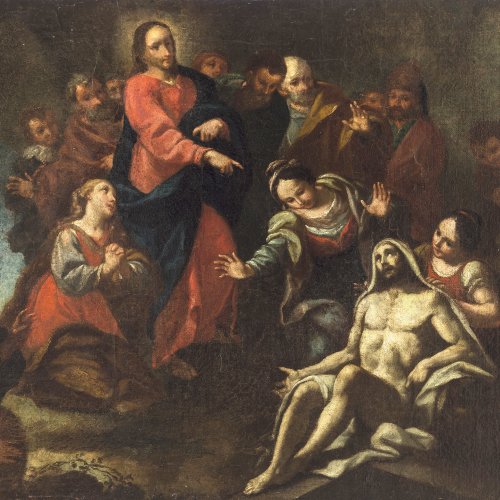 Süddeutsch, 17./18. Jh. Auferweckung des hl. Lazarus. Öl/Lw. 59 x 80 cm. Rest., doubl., besch. Unsign.