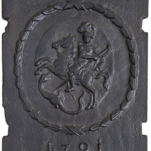 Ofenplatte. Hl. Georg. Gusseisen. 39,5 x 31 cm.