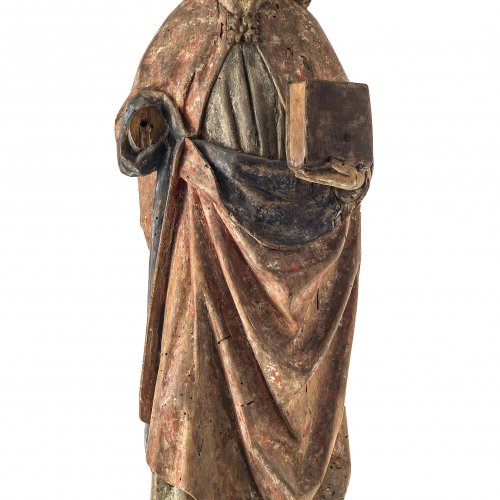 Hl. Apostel Johannes. Süddeutsch, 15. Jh. Holz, übergangene Fassung und Reste. Rechte Hand fehlt. Best., rep. H. 65 cm.