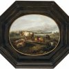 Romeyn, Willem. Kühe, Schafe und Ziege vor weiter Landschaft. Öl/Holz. 26,5 x 32,5 cm, oval. Rest. Unsign. Erwähnt als authentisches Werk des Malers in der Datenbank des Rijksmuseums in Amsterdam.