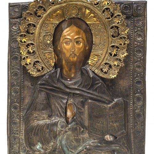 Ikone mit Messingoklad. Christus Pantokrator. 32,5 x 27 cm.