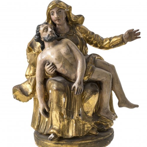 Pietà. Holz, Inkarnat- u. Goldfassung. H. 26 cm.