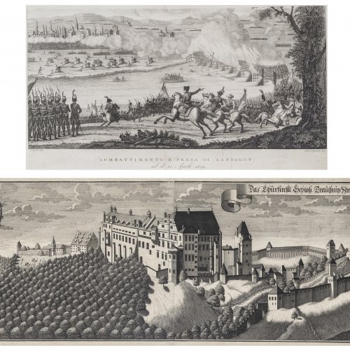 Deutsch, 18. /19. Jh. Zwei Ansichten von Landshut. Schlacht und Blick auf die Burg Trausnitz. Kupferstich. 24 x 42 cm und 26, 5 x 72,5 cm.