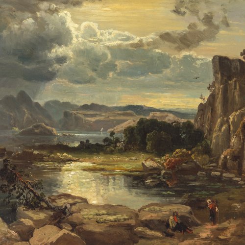 Deutsch, 18./19. Jh. Weite Felsenlandschaft mit Personen an einem See. Öl/Lw. 38 x 44,5 cm. Doubl., rest. Unsign.