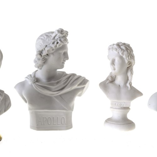 Vier Büsten, Eros bzw. Apollo und zwei Kinderbüsten, Bisquitporzellan, H. 14-16 cm.