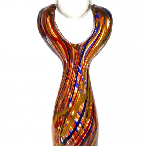 Glasobjekt, farbloses Glas, farbiger Streifendekor, Bayerischer Wald, H. 49 cm.
