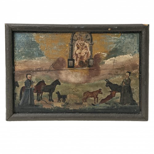 Votivtafel, Christus in der Rast, Bauern mit ihren Tieren, 16 x 25 cm.