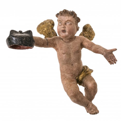 Putto mit Birett, Holz, Farbfassung, H. 23 cm.