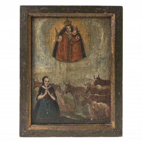 Votivtafel, Maria mit Kind im Kegelmantel, Votantin mit Rinderherde, dat. 1776, 26 x 18,5 cm.