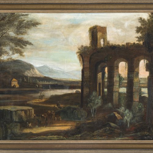 18./19. Jh. Landschaft mit Ruinenarchitektur und Hirten, Öl/Lw. 67 x 84 cm.