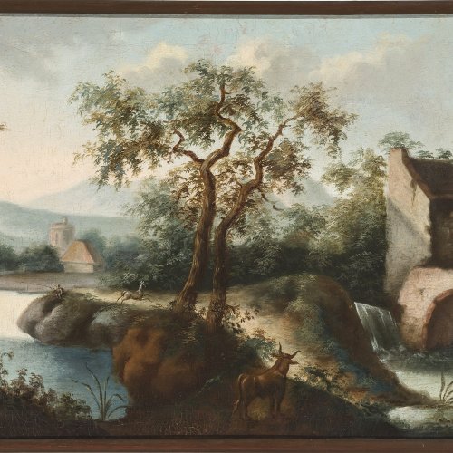 Italien, 18. Jh., Flusslandschaft mit Wasserfall, Öl/Lw. 44 x 76 cm.