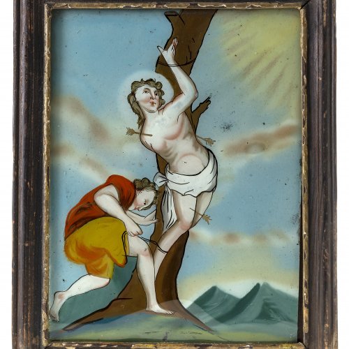 Hinterglasbild, hl. Sebastian, Seehausen, 19. Jh., 24,5 x 18,5 cm.