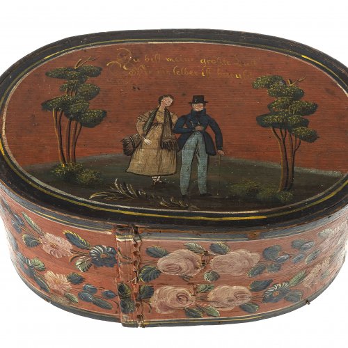 Spanschachtel, farbig bemalt, Paarmotiv, süddeutsch, 19. Jh. L. 49 cm.