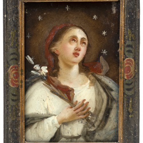 Hinterglasbild, Maria der Verkündigung, Staffelseegebiet, um 1800, Wismutrahmen, 18 x 11,5 cm.