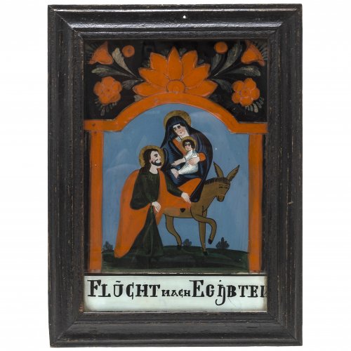 Hinterglasbild. Buchers/Sandl, 19. Jh. Flucht nach Ägypten. Tempera/Glas. 25 x 16,5 cm.