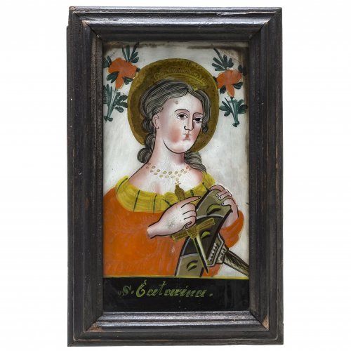 Hinterglasbild. Buchers/Sandl, 19. Jh. Hl. Katharina. Tempera/Glas. Rückwand fehlt, leicht besch. 26,5 x 15 cm.