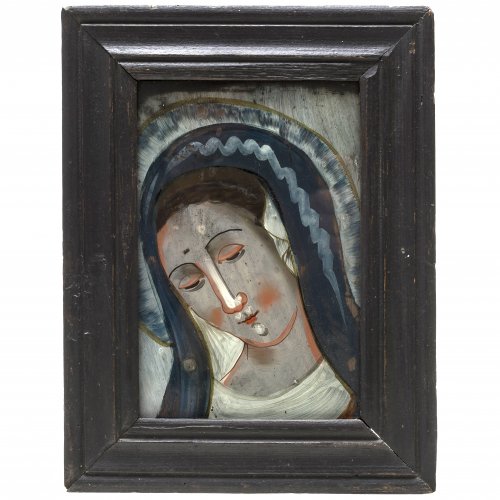 Hinterglasbild. Bayern, 19. Jh. Maria mit dem geneigten Haupt (Landshut?). Tempera/Glas. Min. besch. 17 x 11 cm.