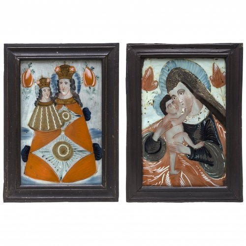 Zwei Hinterglasbilder. Buchers/Sandl, 19. Jh. Gnadenbild Maria Zell bzw. Maria Hilf. Tempera/Glas. Eines mit starkem Farbabrieb, Rückwände jeweils erg. Je 31 x 20,5 cm.