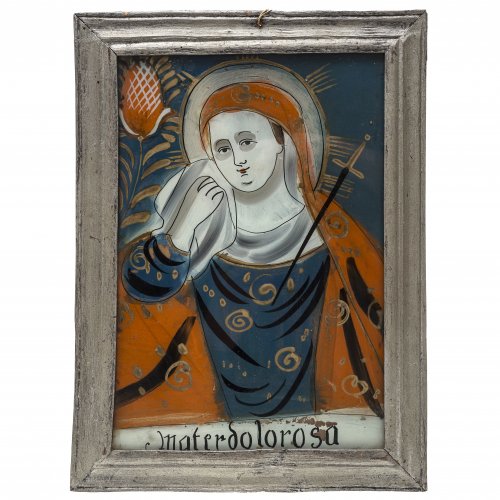 Hinterglasbild. Raimundsreut, 19. Jh. Mater dolorosa. Tempera/Glas. Farbabrieb, Rahmen später bemalt. 30,5 x 20,5 cm.